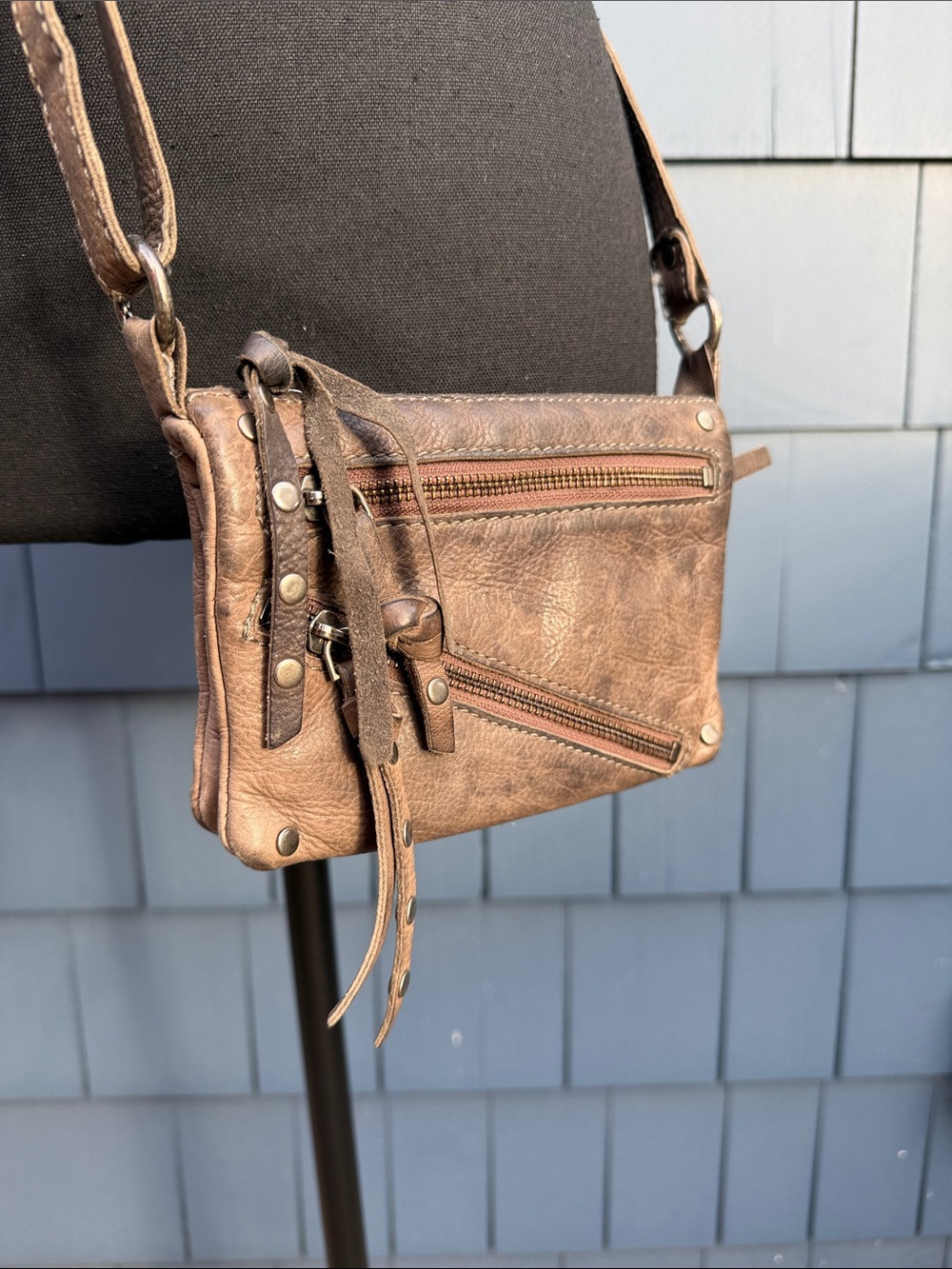 Cut & Paste Distressed Brown Leather Zip Crossbody Bag